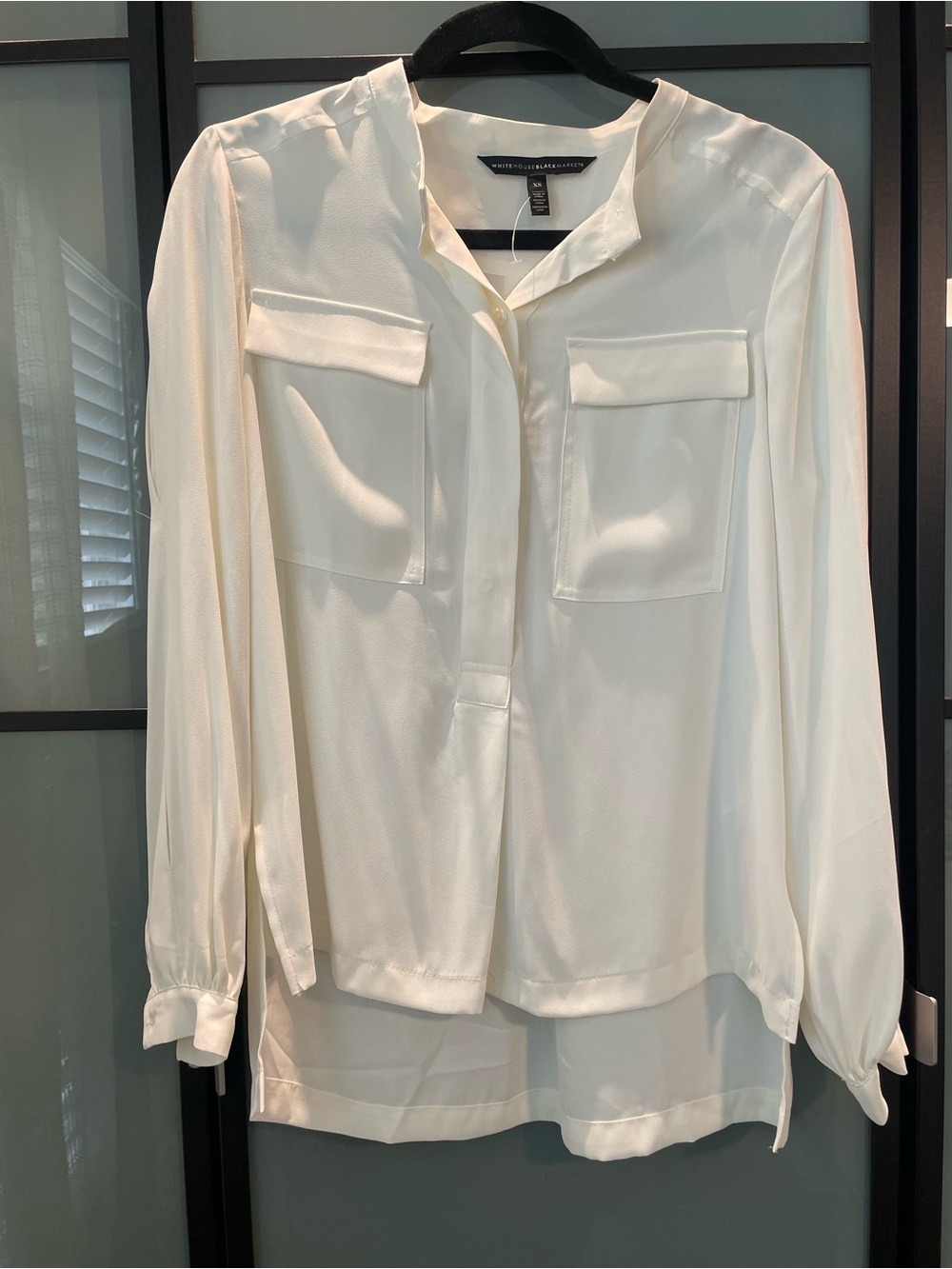 New White House Black Market Cream Button-Front Pocket Blouse